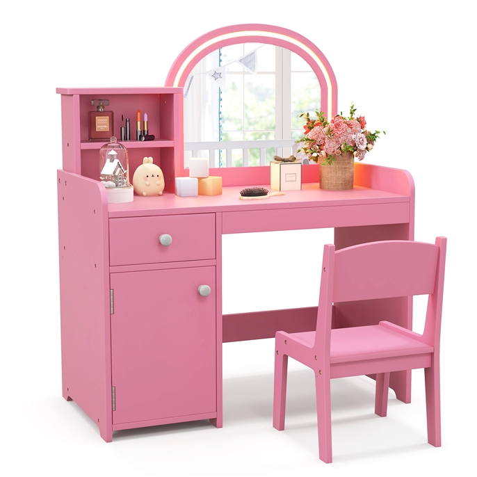 Kids Vanity, Princess Makeup Desk and Chair Set with Lights Mirror Drawer Storage Shelves