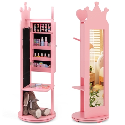 Ellegnt Kids Jewellery Cabinet 360-degree Rotating with Mirror and Clothes Rack