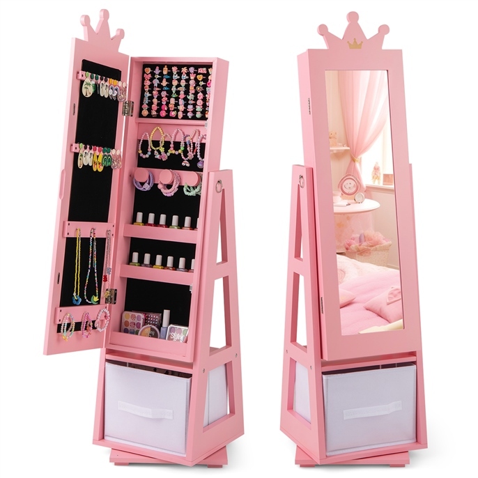 Ellegnt 3-in-1 360° Swivel Kids Jewellery Cabinet with Dressing Mirror and Storage Rack