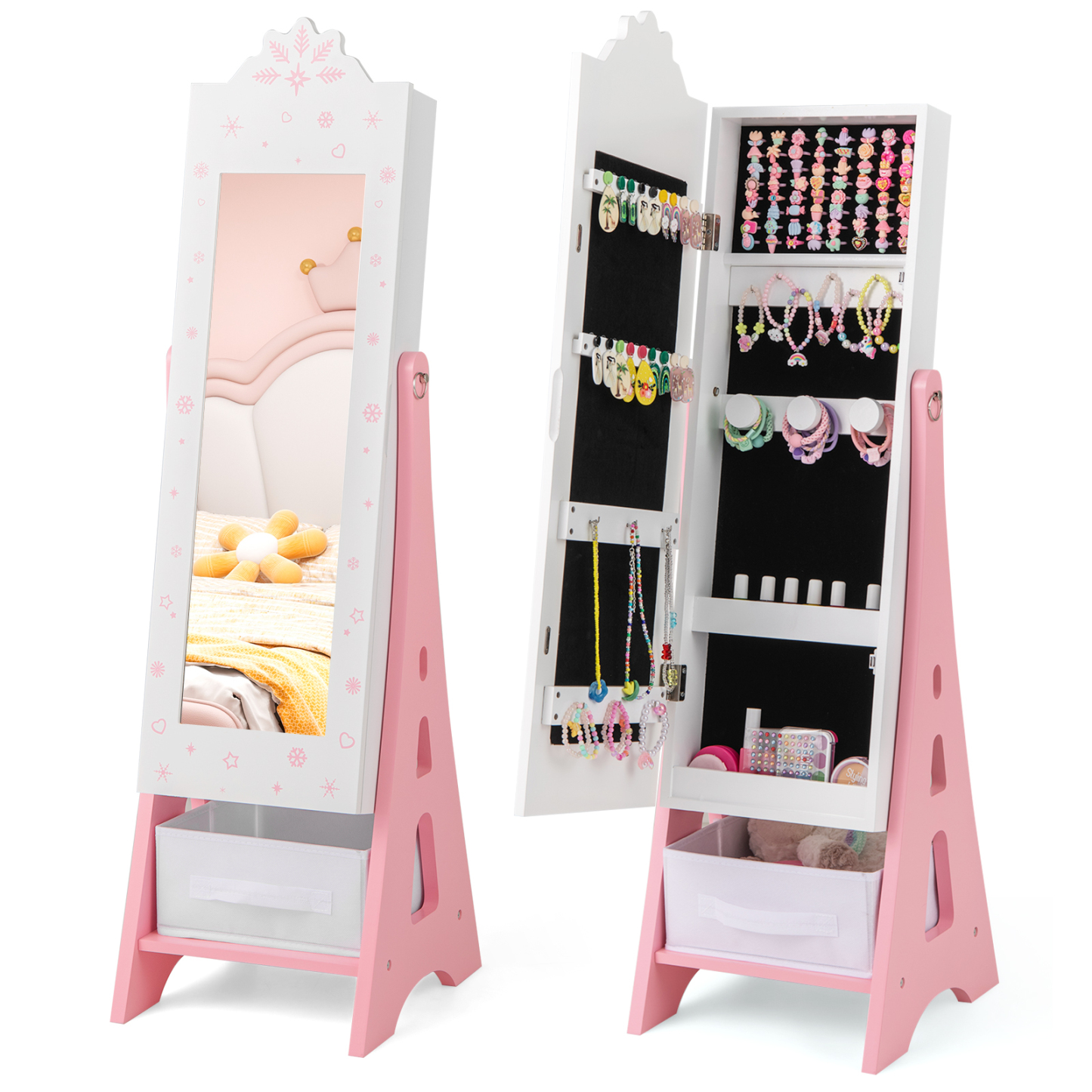 Kids Jewelry Armoire Cabinet, Free-Standing Full Length Mirror