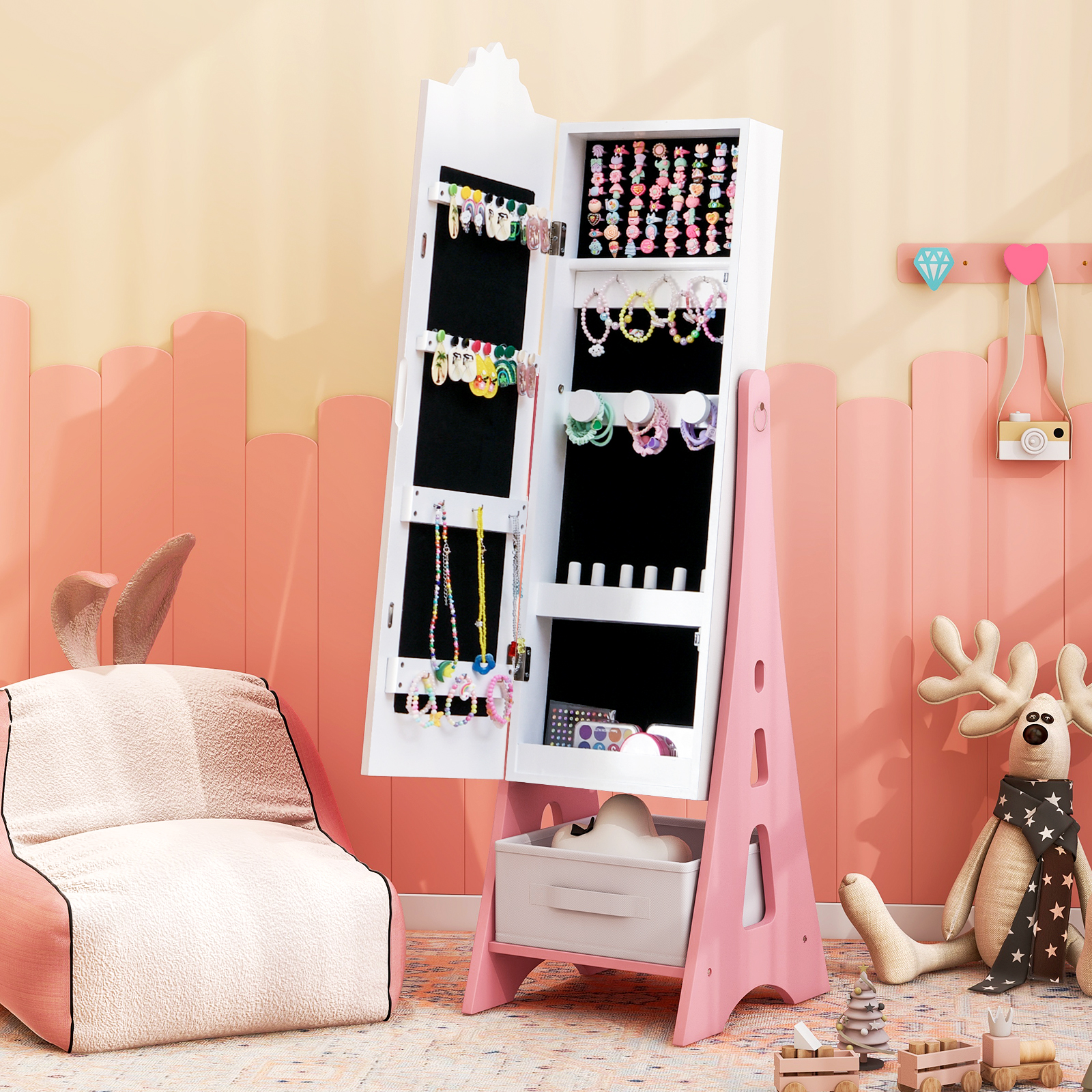 Kids Jewelry Armoire Cabinet, Free-Standing Full Length Mirror