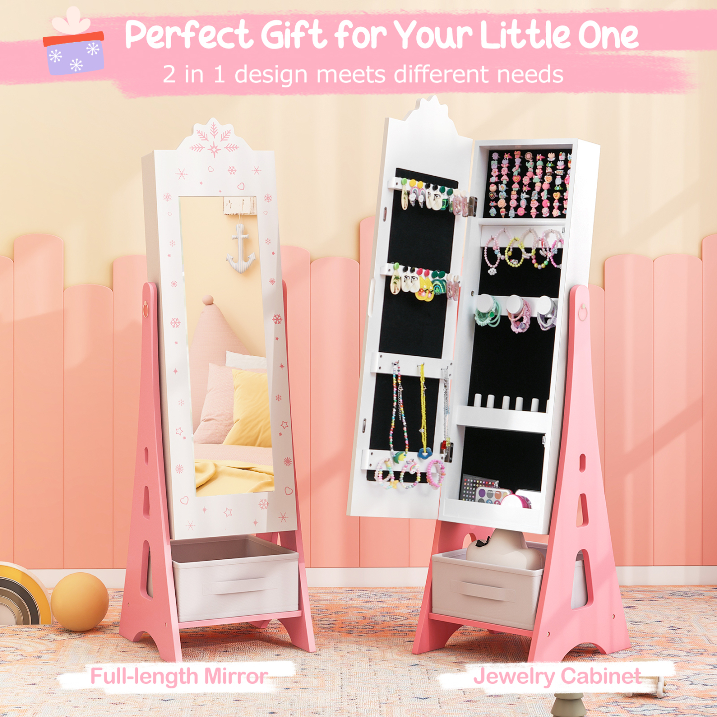 Kids Jewelry Armoire Cabinet, Free-Standing Full Length Mirror
