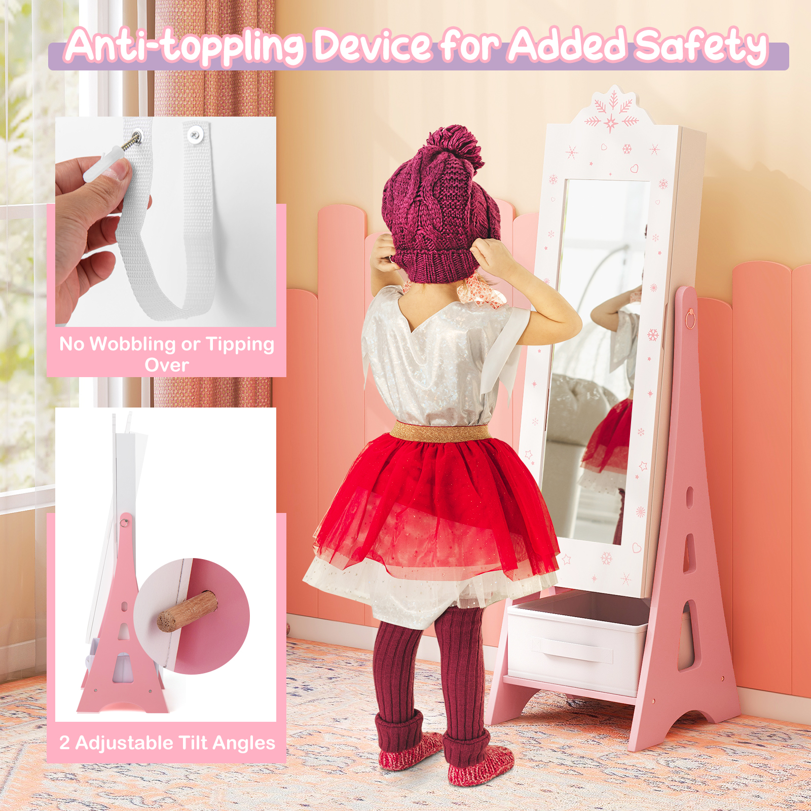 Kids Jewelry Armoire Cabinet, Free-Standing Full Length Mirror