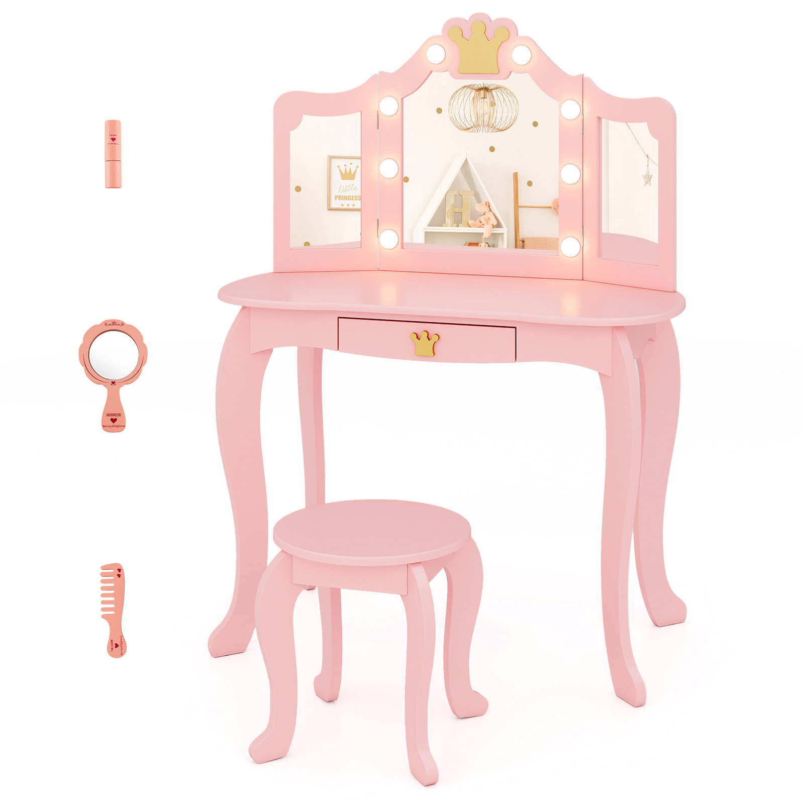 Ellegnt Kids Dressing Table/ Vanity Set with 3-color Adjustable Lighted Mirror