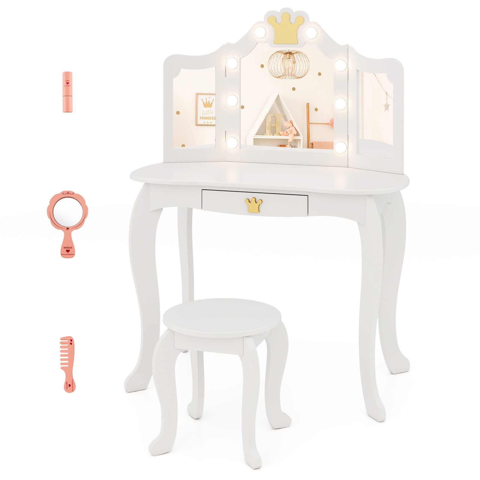 Ellegnt Kids Dressing Table/ Vanity Set with 3-color Adjustable Lighted Mirror