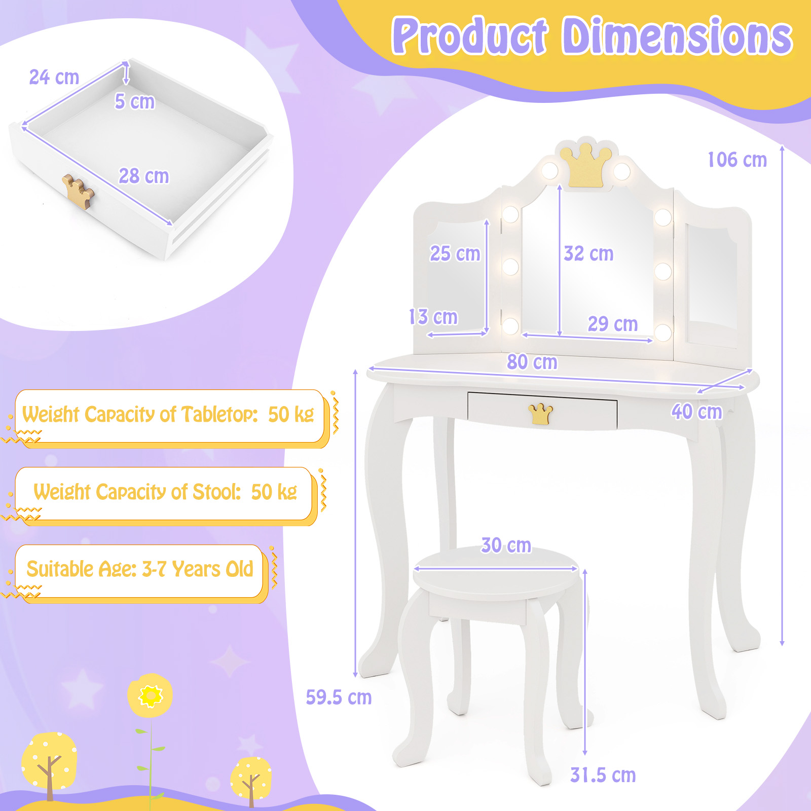 Ellegnt Kids Dressing Table/ Vanity Set with 3-color Adjustable Lighted Mirror