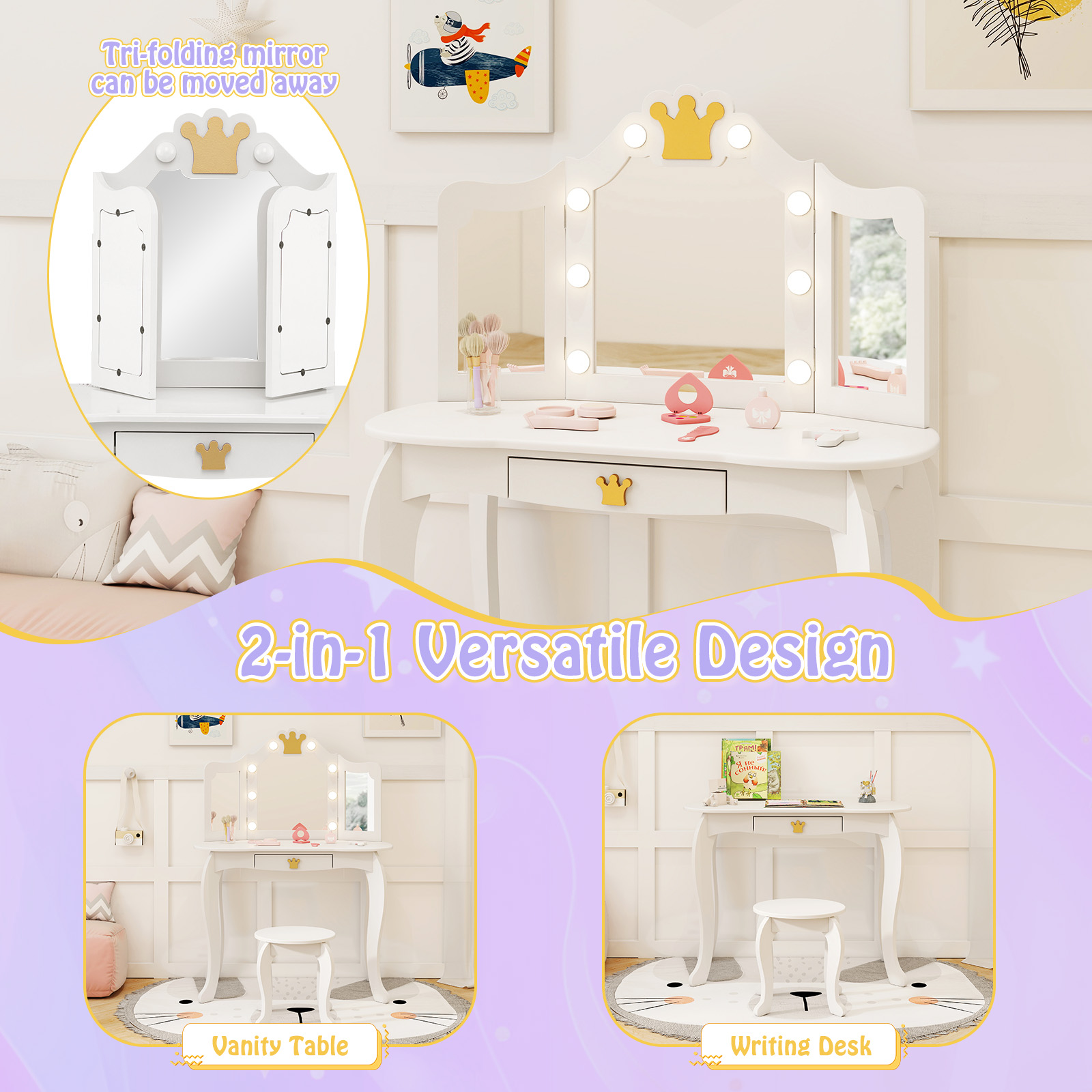 Ellegnt Kids Dressing Table/ Vanity Set with 3-color Adjustable Lighted Mirror