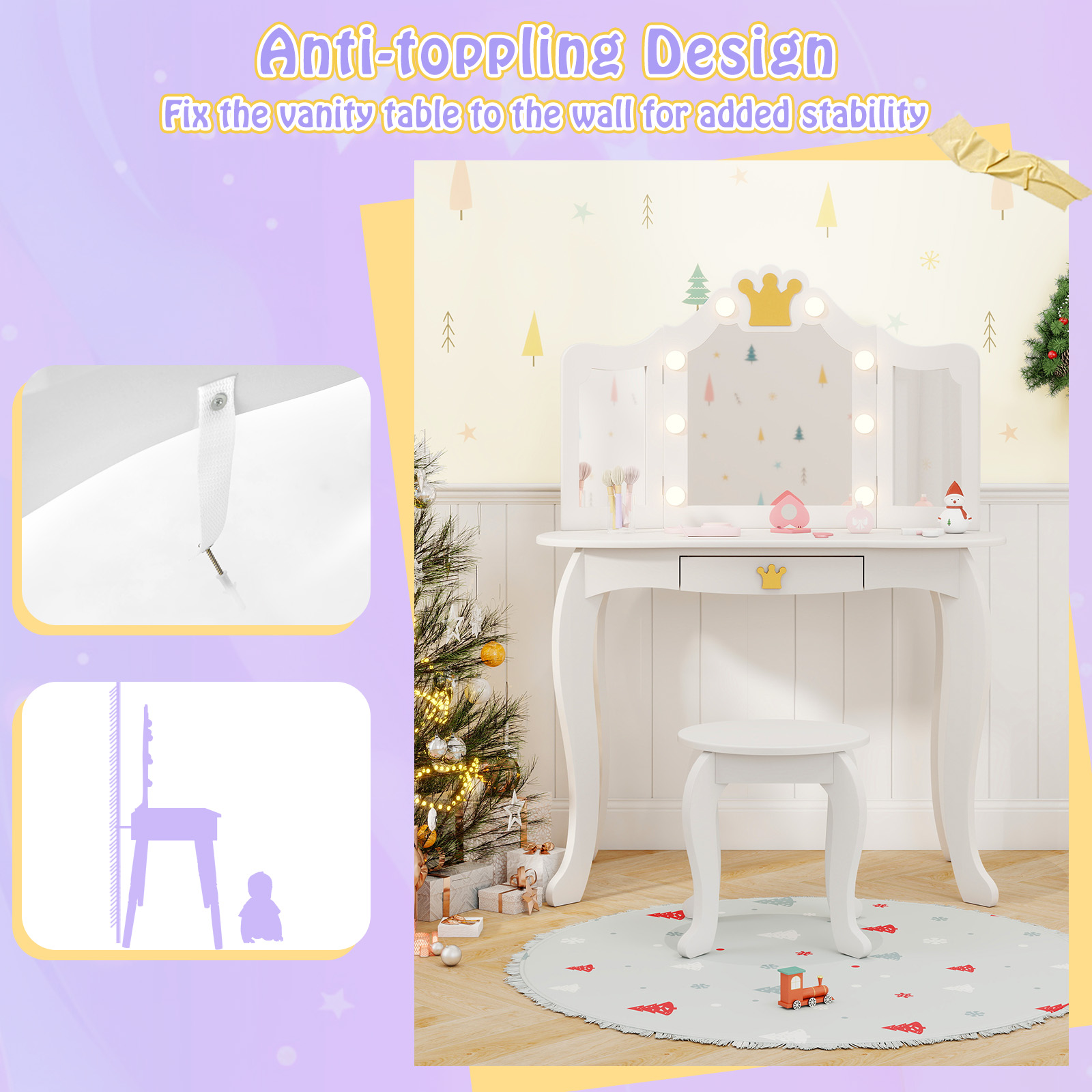 Ellegnt Kids Dressing Table/ Vanity Set with 3-color Adjustable Lighted Mirror