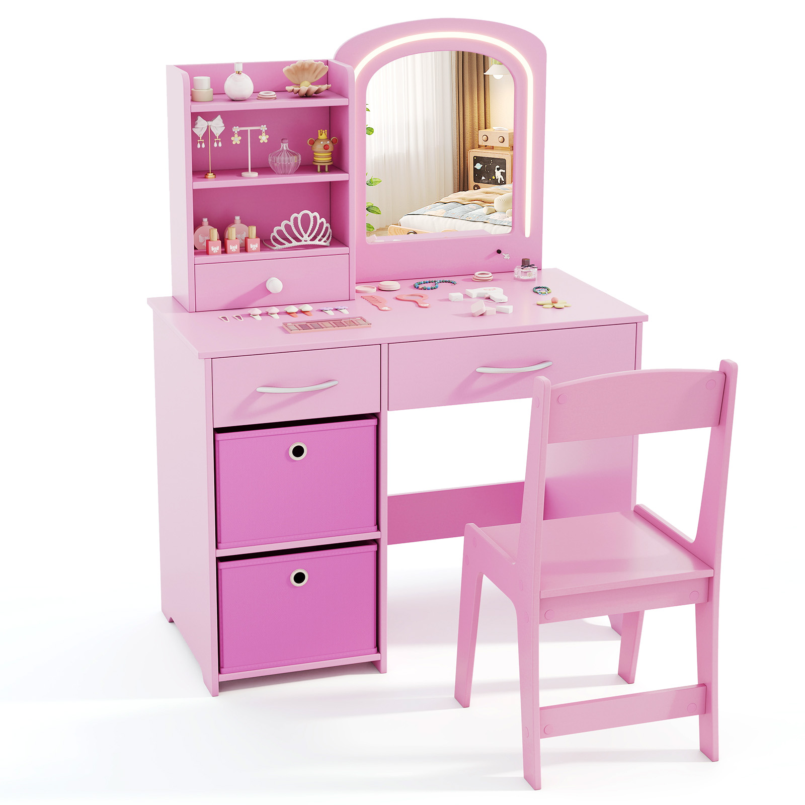 Ellegnt Kids Dressing Table /Vanity Set with 2 Color Lighted Mirror and Storage Drawers