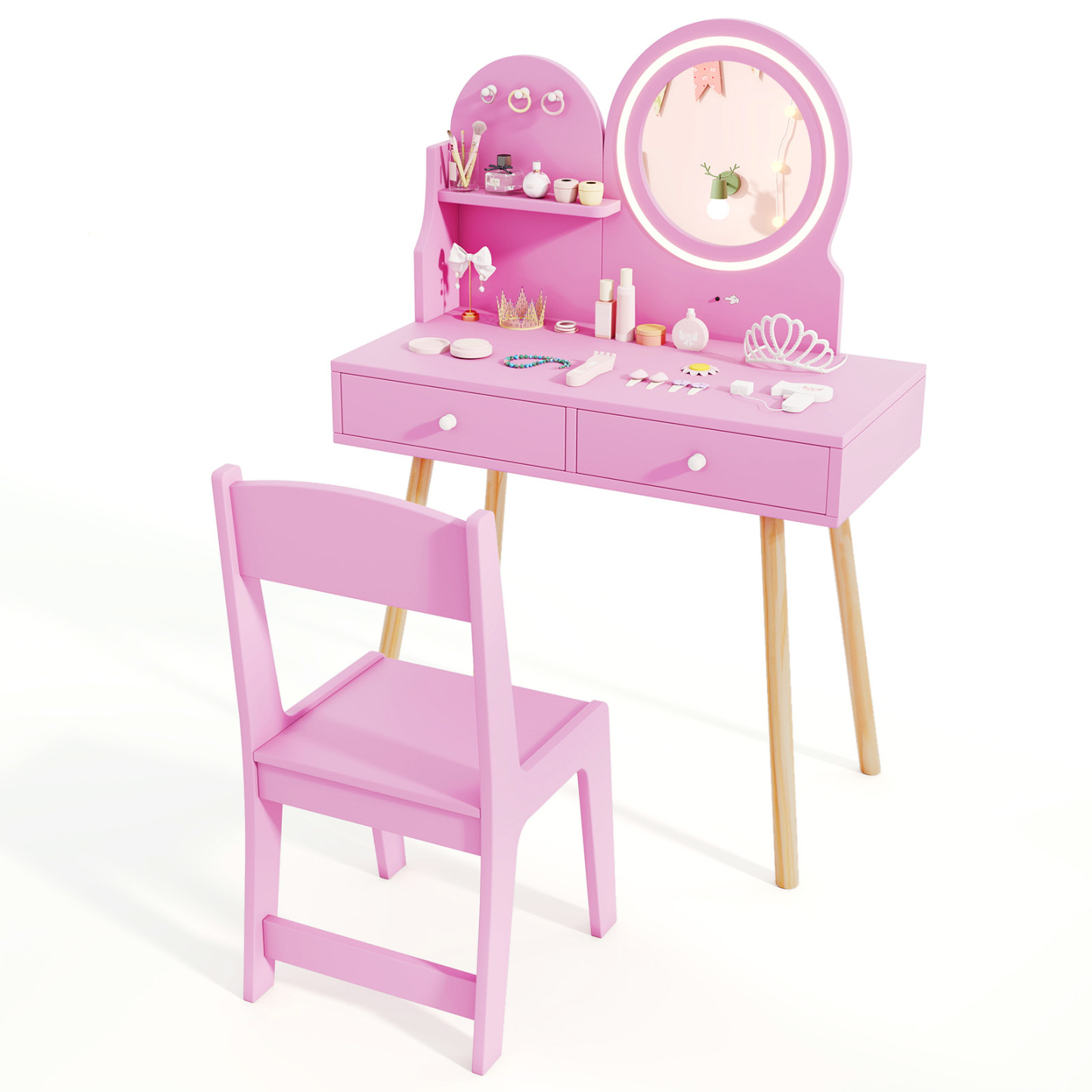 Ellegnt Kids Dressing Table/ Vanity Set with 2-Color Front Lit Mirror for 3+ Years