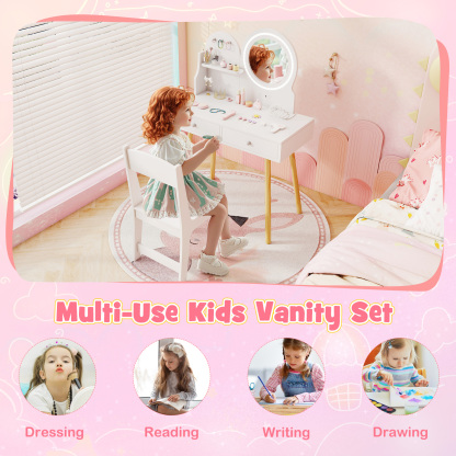 Ellegnt Kids Dressing Table/ Vanity Set with 2-Color Front Lit Mirror for 3+ Years