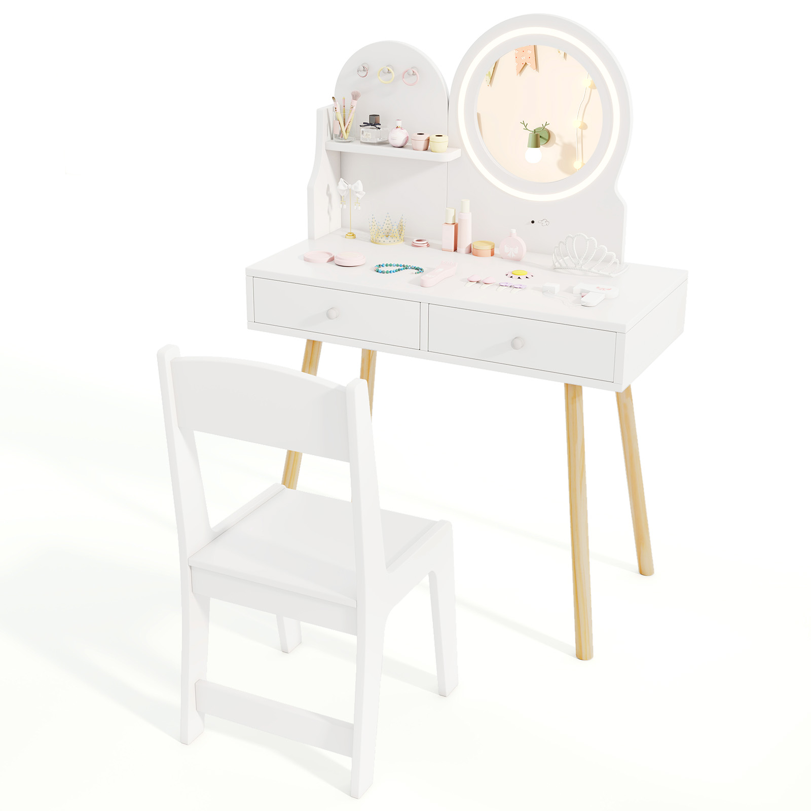 Ellegnt Kids Dressing Table/ Vanity Set with 2-Color Front Lit Mirror for 3+ Years