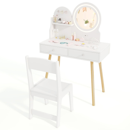 Ellegnt Kids Dressing Table/ Vanity Set with 2-Color Front Lit Mirror for 3+ Years