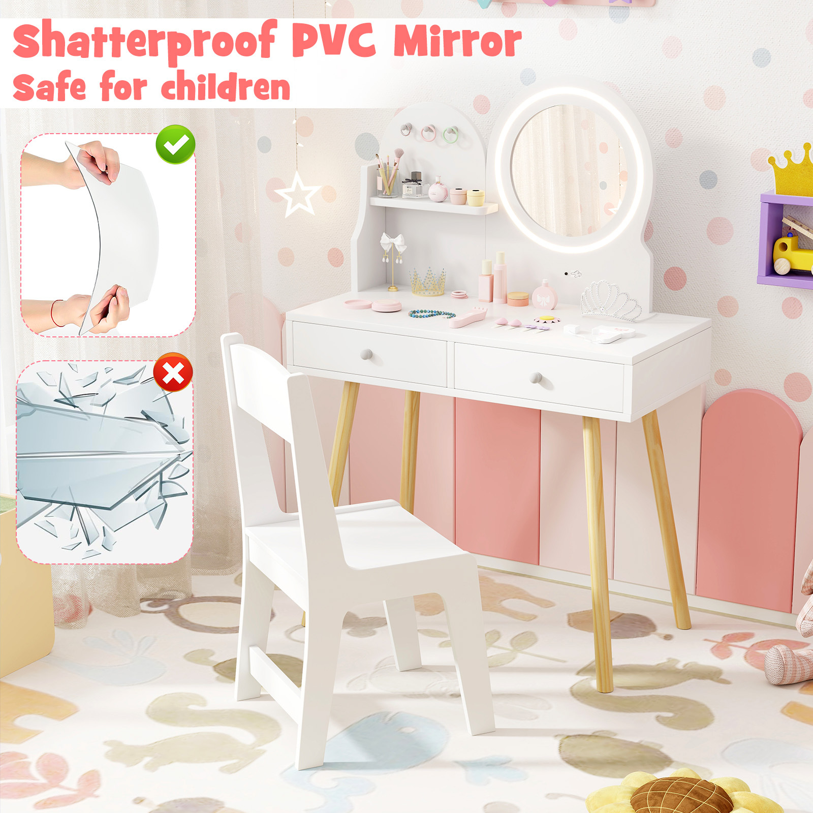 Ellegnt Kids Dressing Table/ Vanity Set with 2-Color Front Lit Mirror for 3+ Years