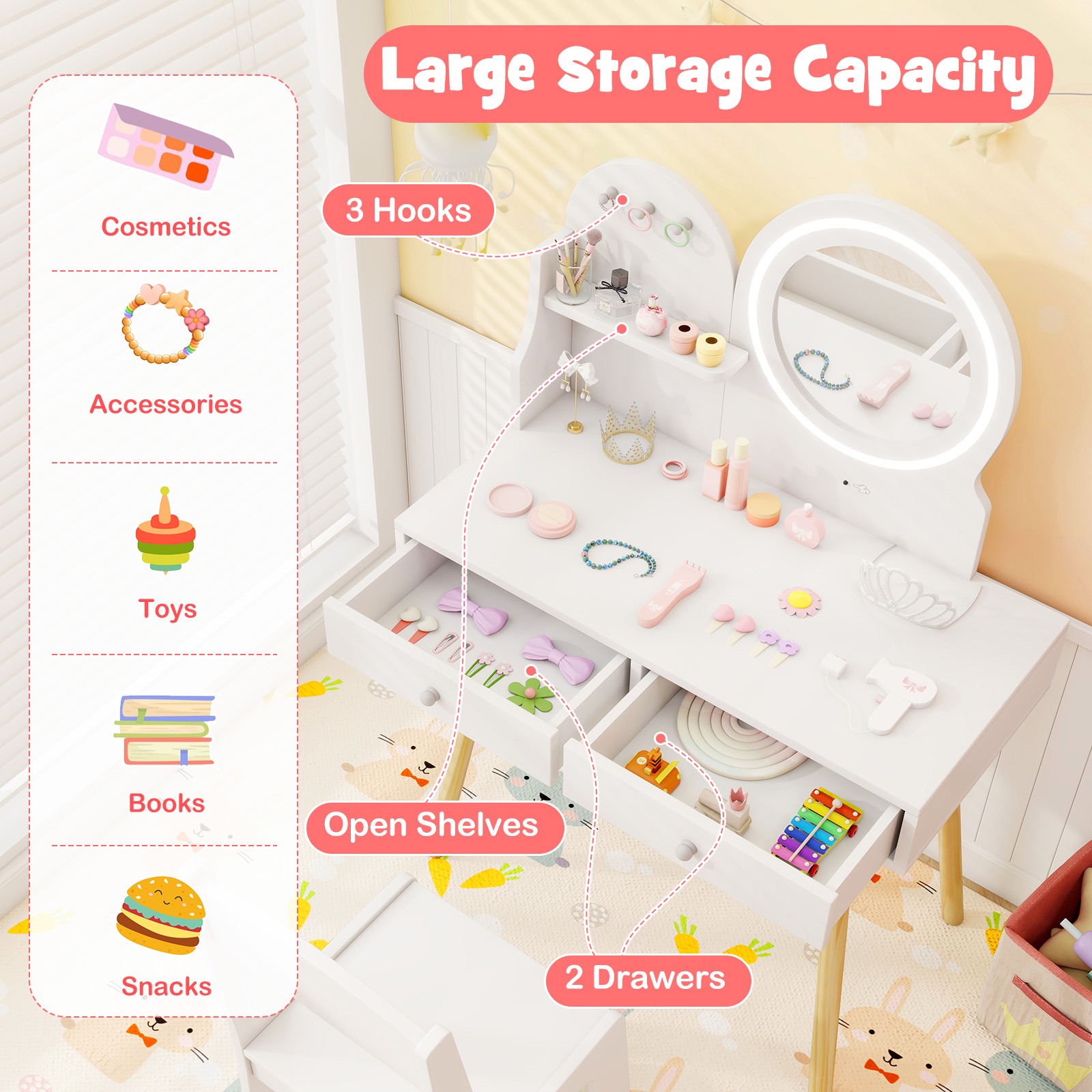 Ellegnt Kids Dressing Table/ Vanity Set with 2-Color Front Lit Mirror for 3+ Years