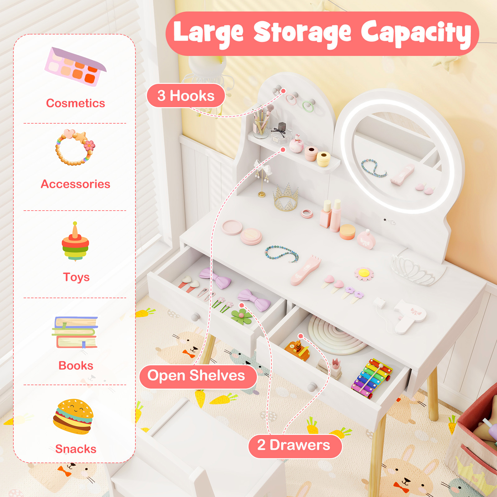 Ellegnt Kids Dressing Table/ Vanity Set with 2-Color Front Lit Mirror for 3+ Years