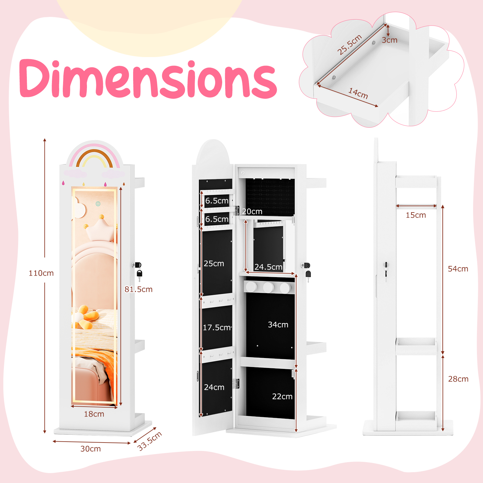 Kids Jewelry Cabinet with Lights with Full-Length Mirror