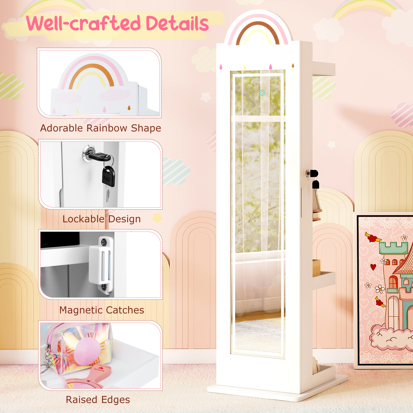 Kids Jewelry Cabinet with Lights with Full-Length Mirror
