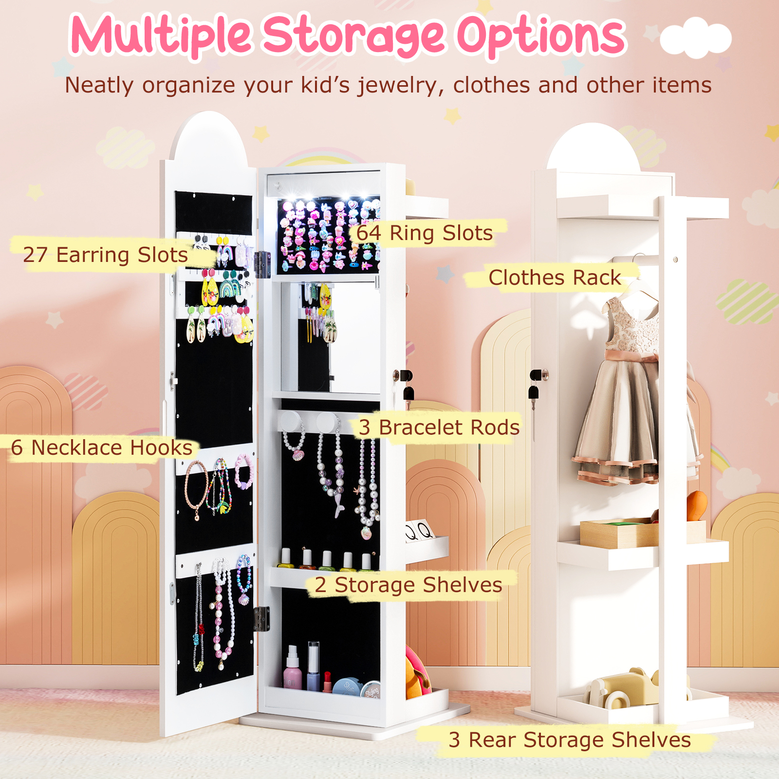 Kids Jewelry Cabinet with Lights with Full-Length Mirror