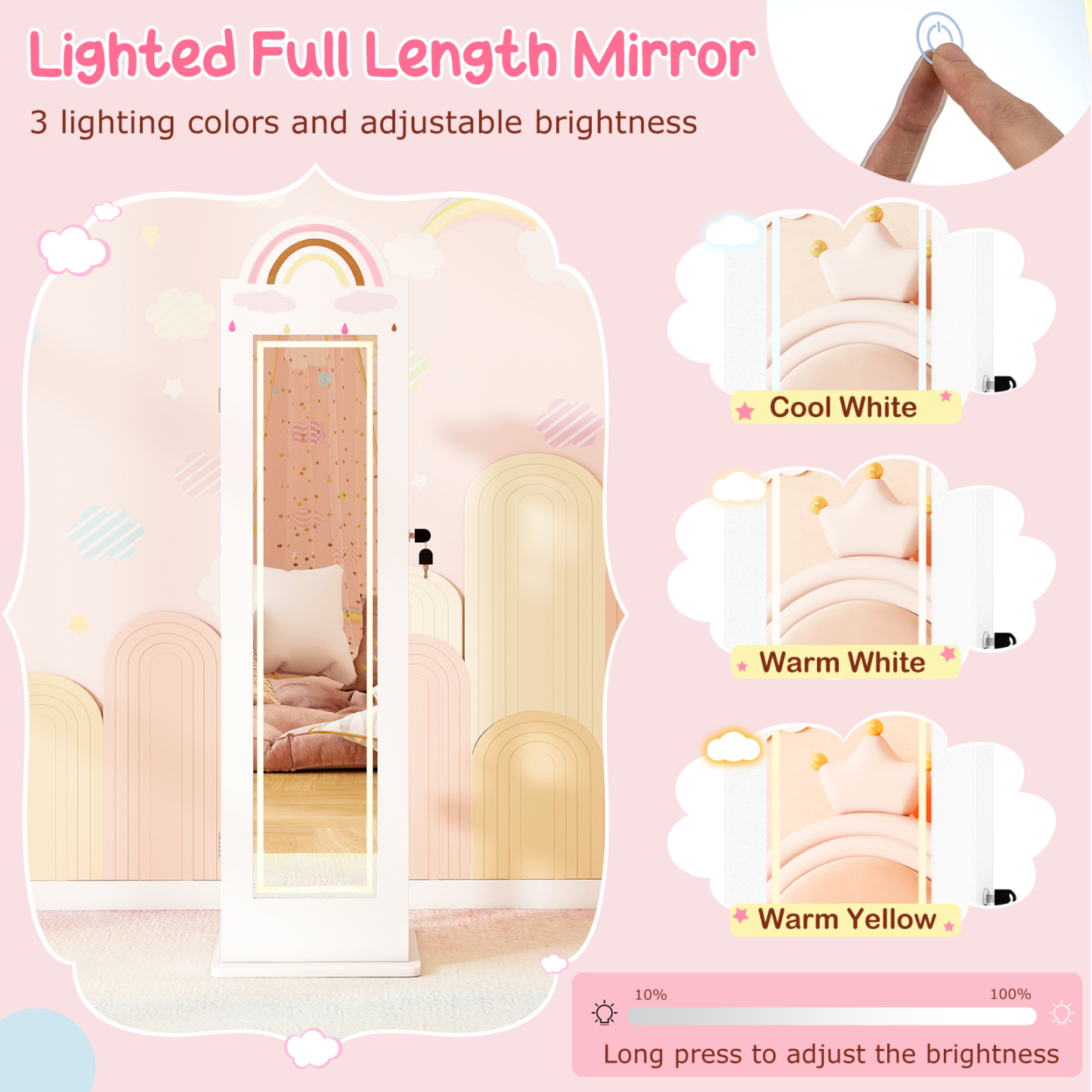 Kids Jewelry Cabinet with Lights with Full-Length Mirror