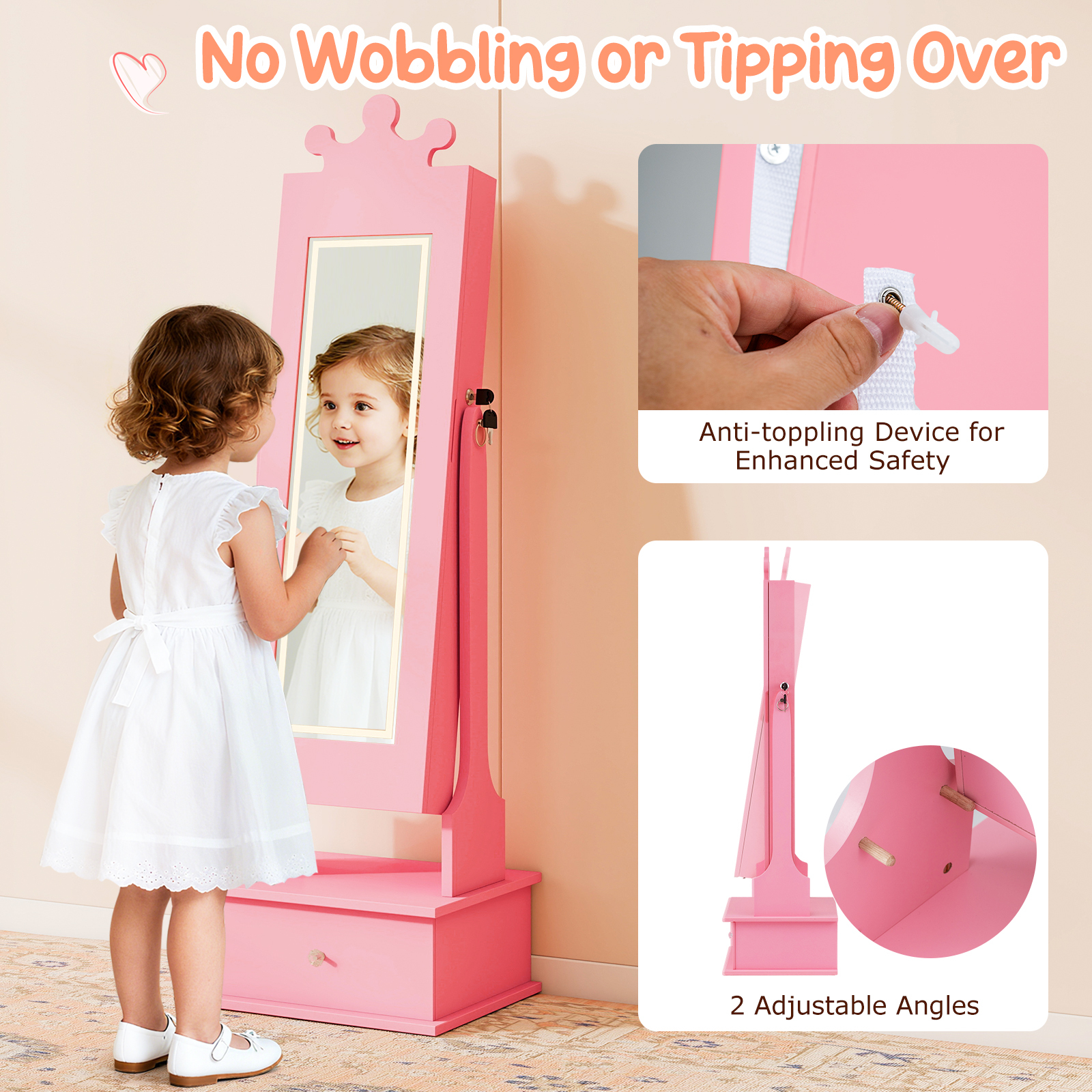 Kids Jewelry Cabinet with 2 Tilt Angles and 4 Sensor Lights