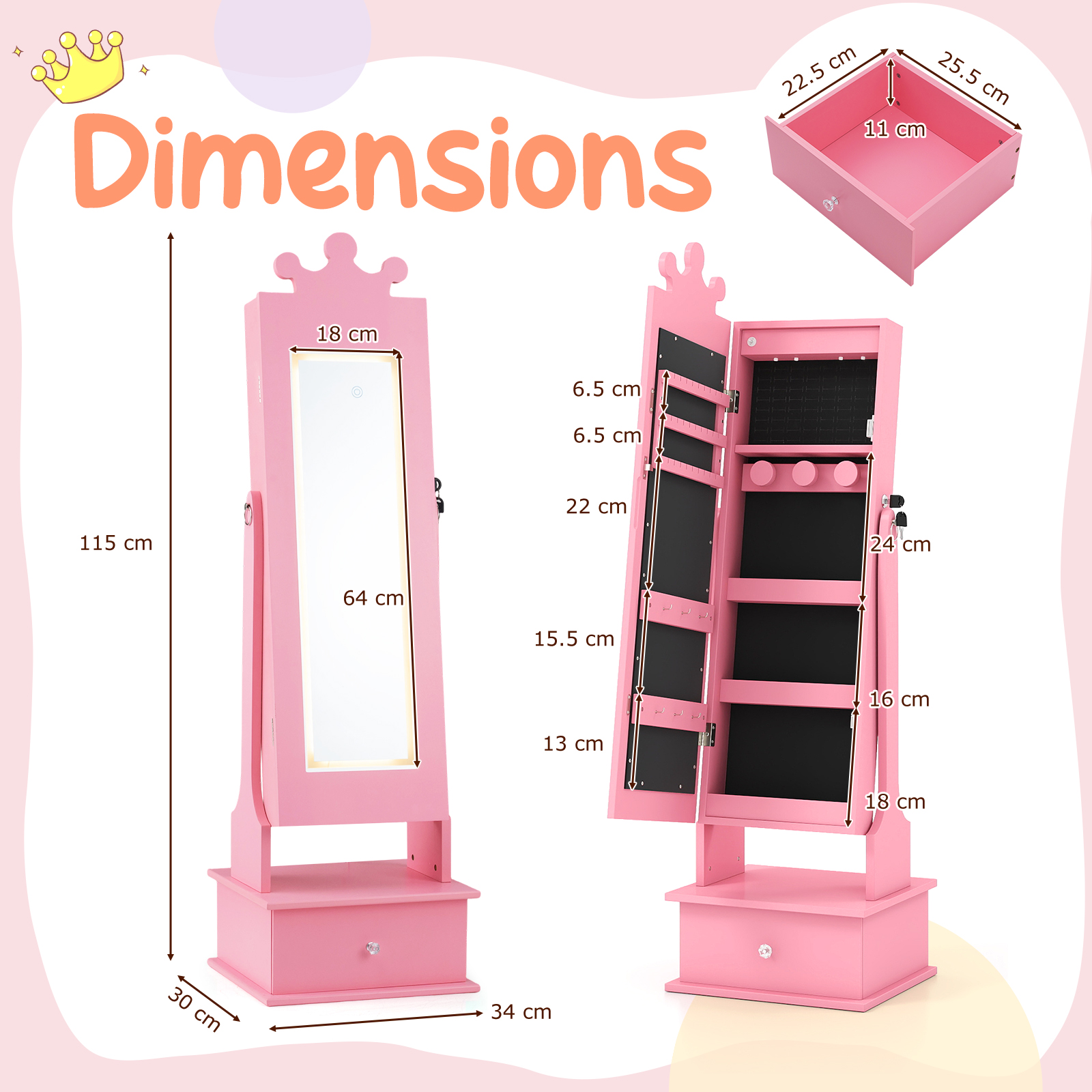 Kids Jewelry Cabinet with 2 Tilt Angles and 4 Sensor Lights