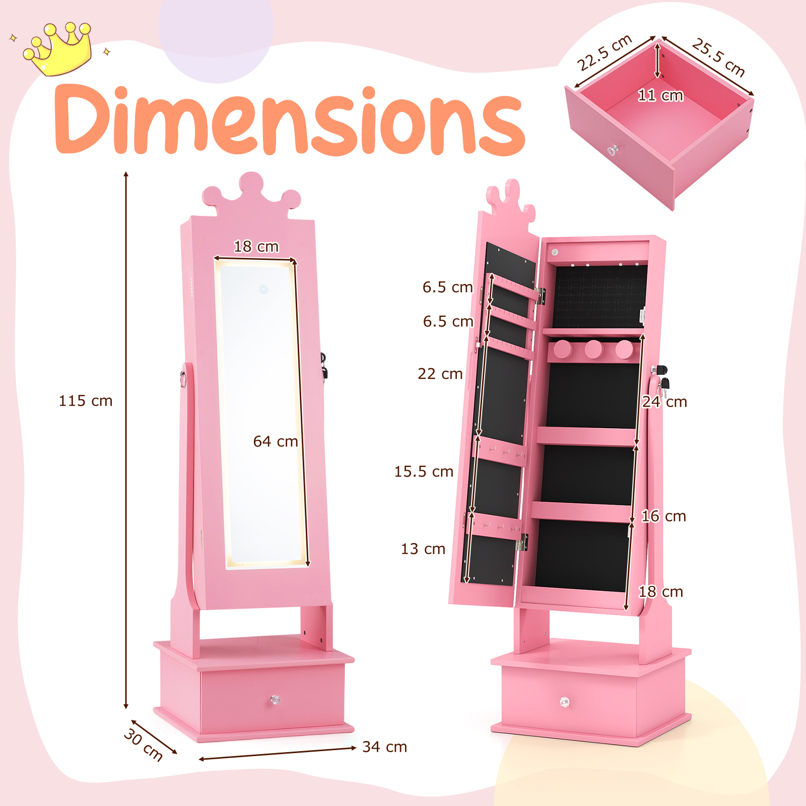 Kids Jewelry Cabinet with 2 Tilt Angles and 4 Sensor Lights