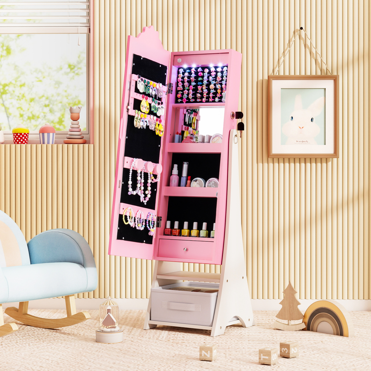 Standing Children Jewelry Organizer with Full-Length Mirror