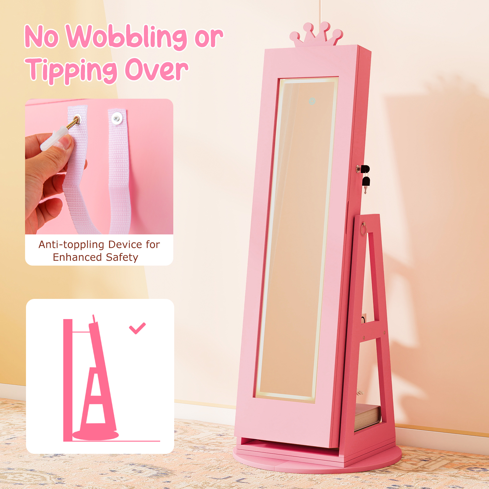 Swivel Kids Jewelry Cabinet with Lights and Built-in Mirror 