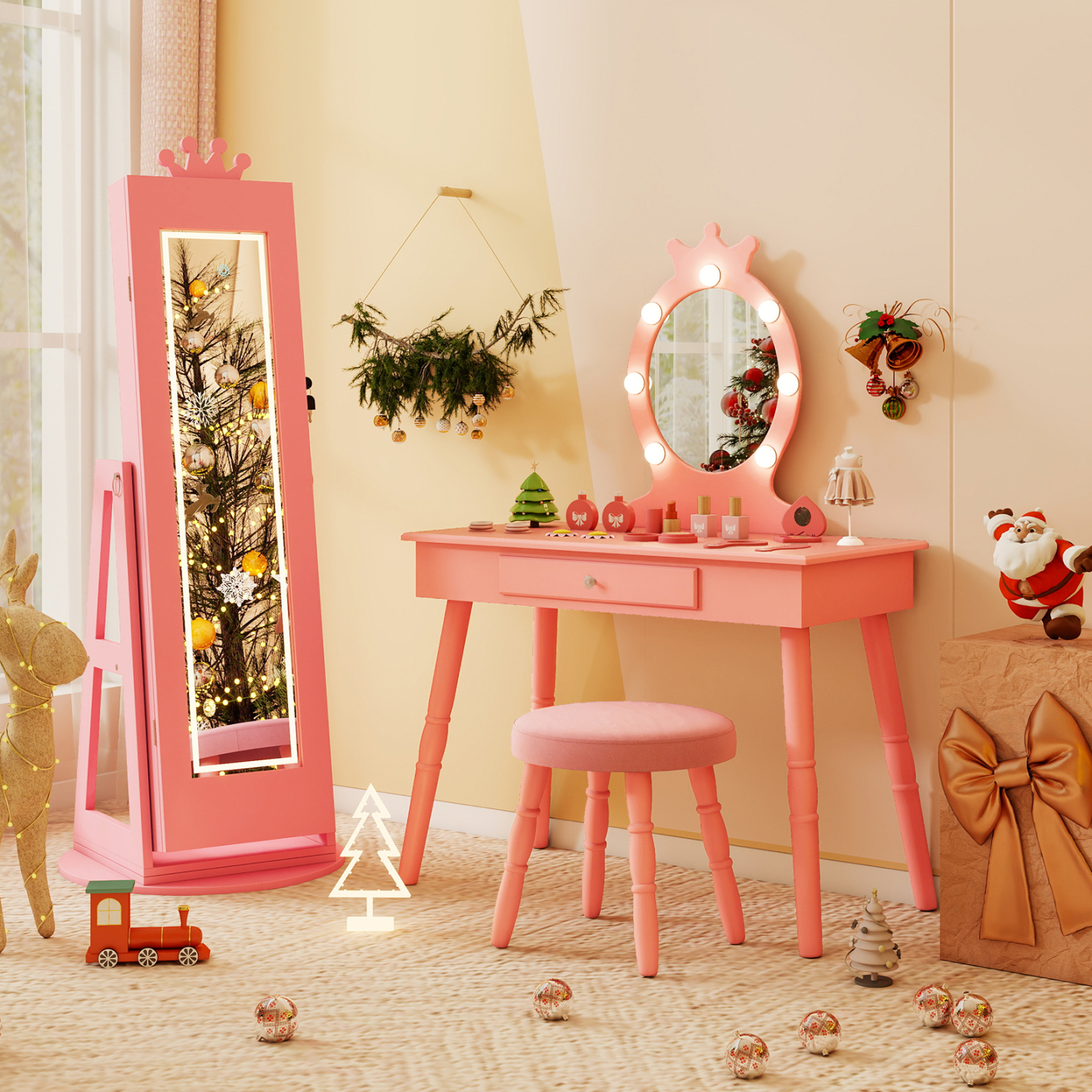 Swivel Kids Jewelry Cabinet with Lights and Built-in Mirror 