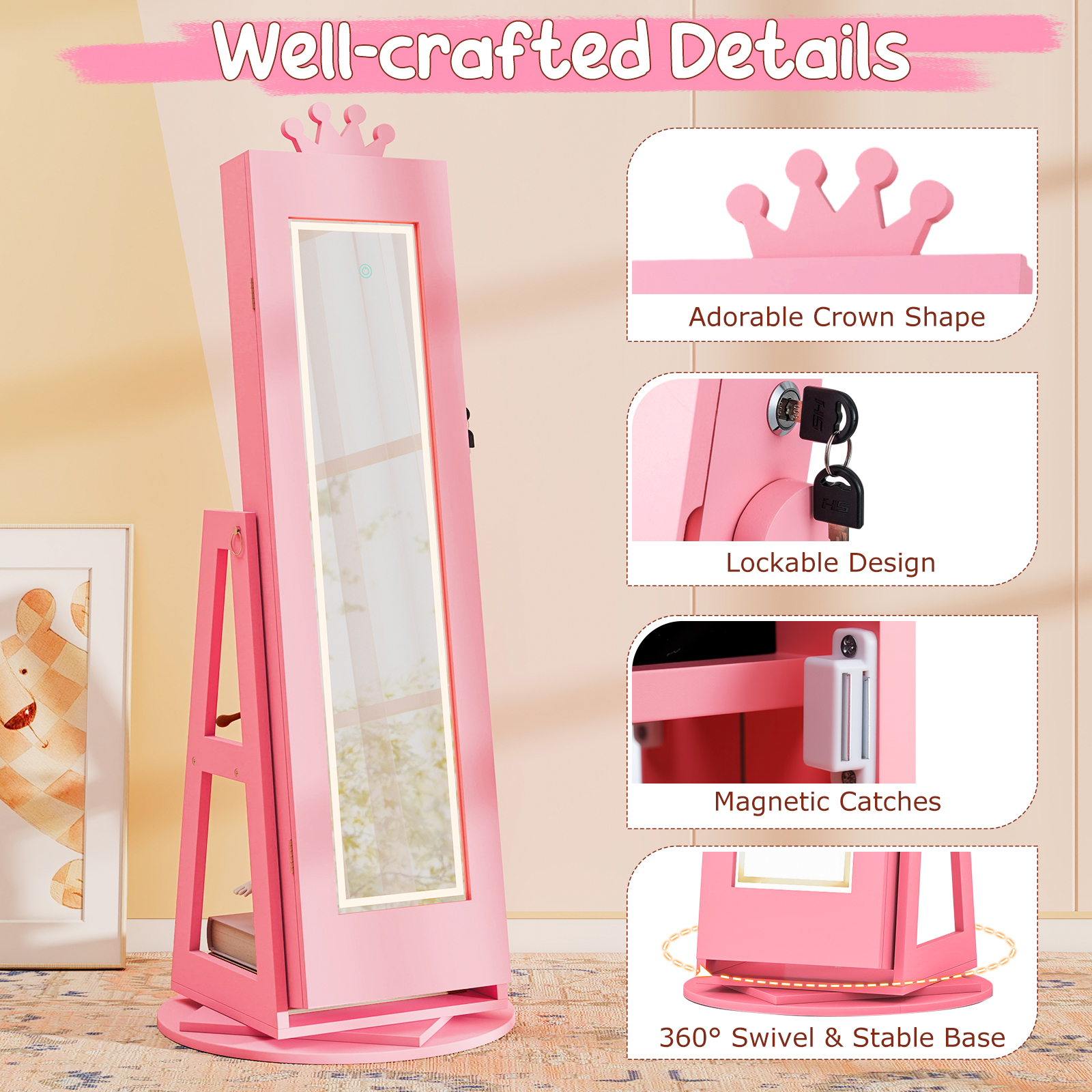 Swivel Kids Jewelry Cabinet with Lights and Built-in Mirror 