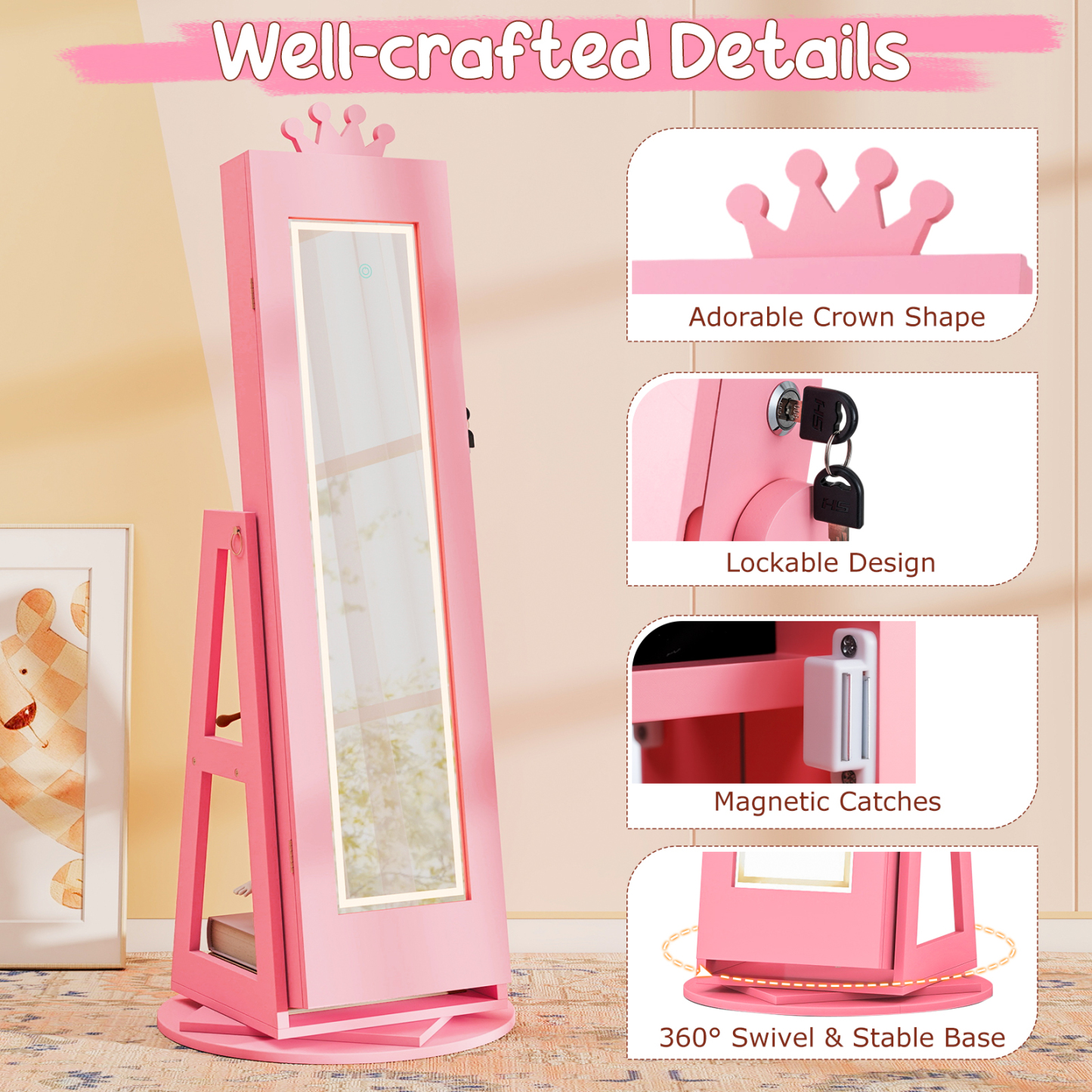 Swivel Kids Jewelry Cabinet with Lights and Built-in Mirror 