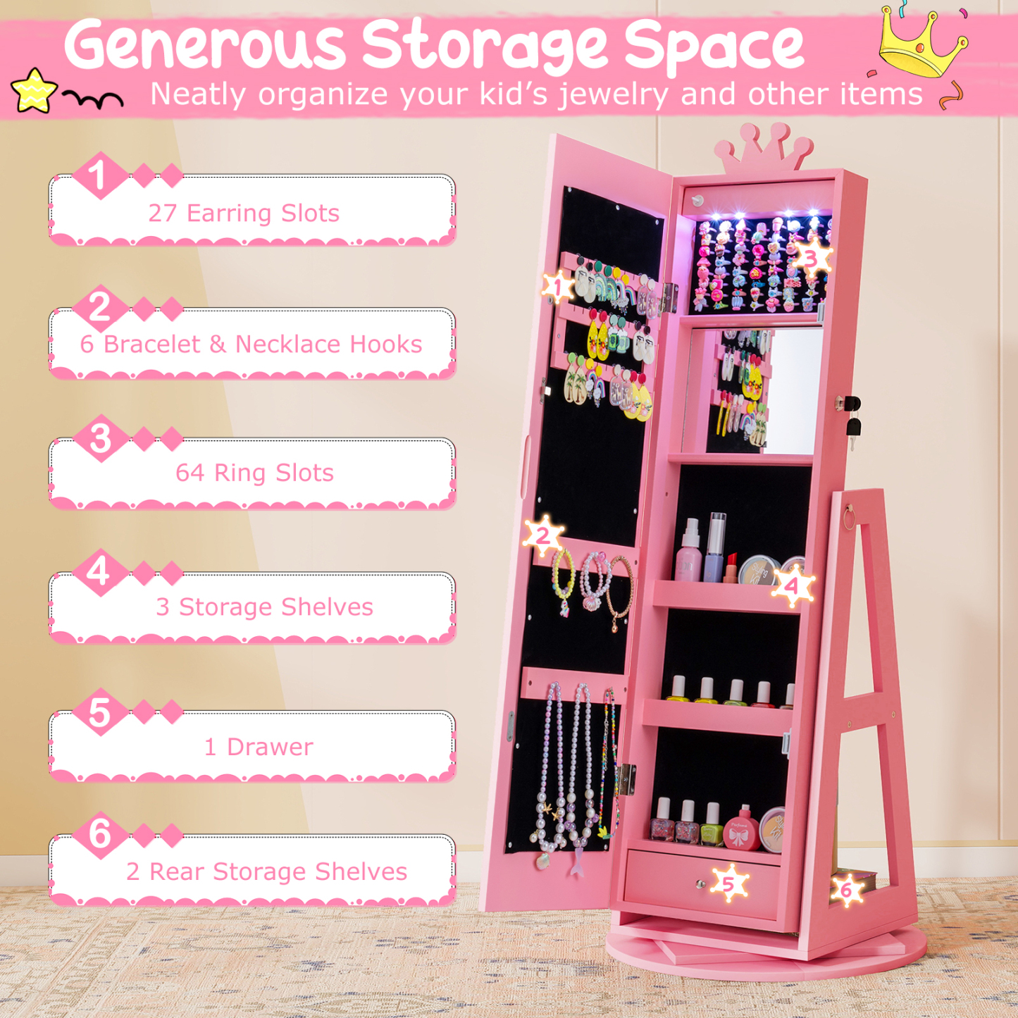 Swivel Kids Jewelry Cabinet with Lights and Built-in Mirror 