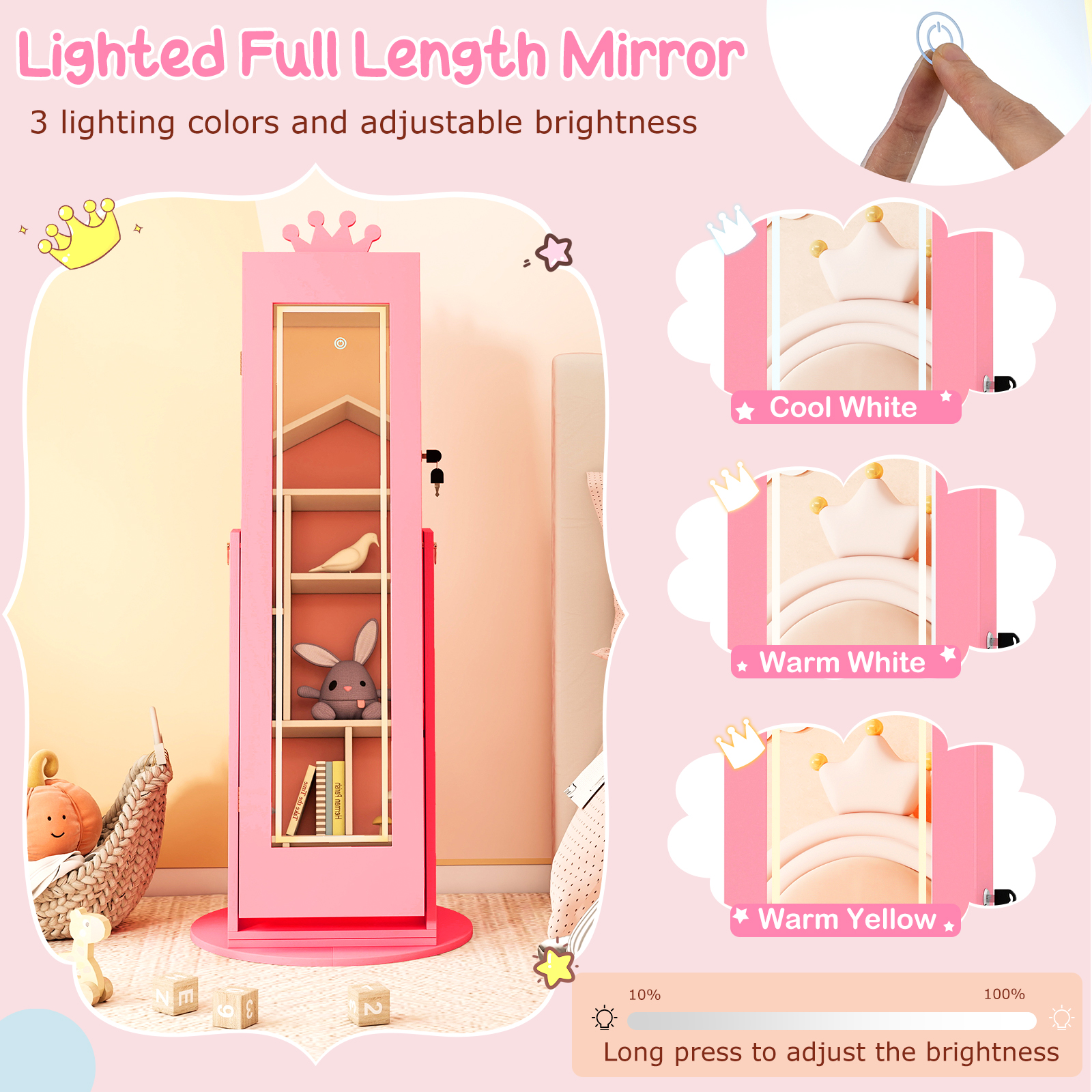 Swivel Kids Jewelry Cabinet with Lights and Built-in Mirror 