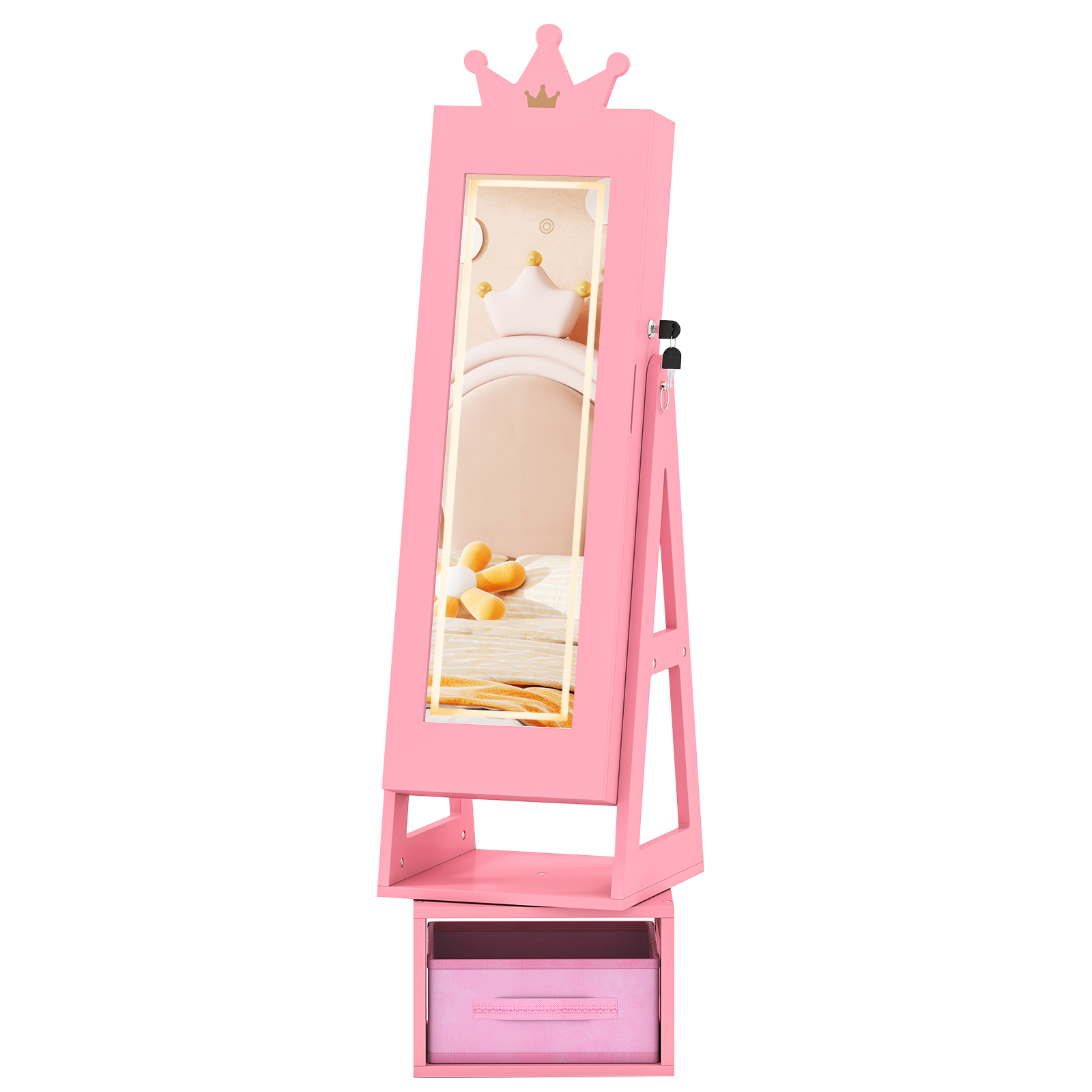 Swivel Kids Jewelry Cabinet with Lights and Full-Length Mirror 