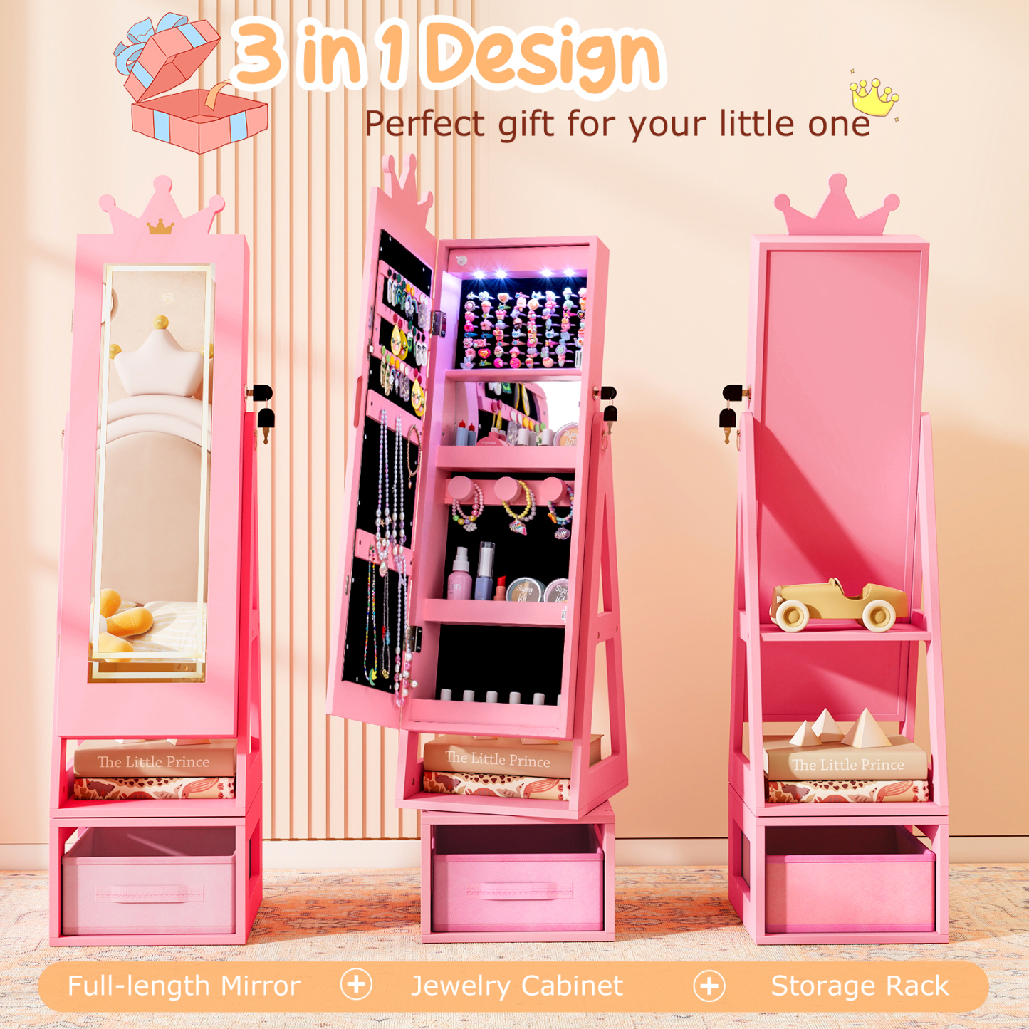 Swivel Kids Jewelry Cabinet with Lights and Full-Length Mirror 