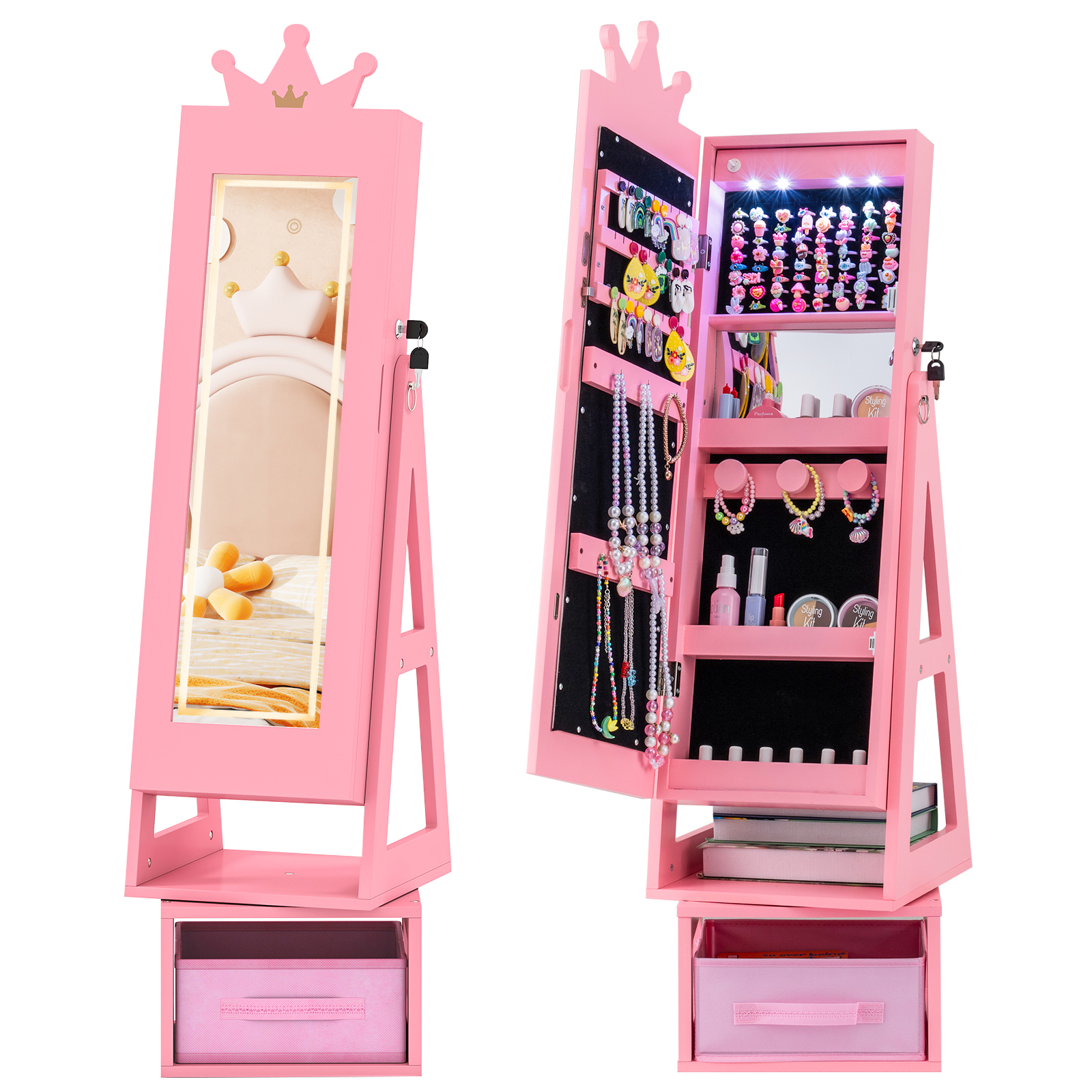 Swivel Kids Jewelry Cabinet with Lights and Full-Length Mirror 