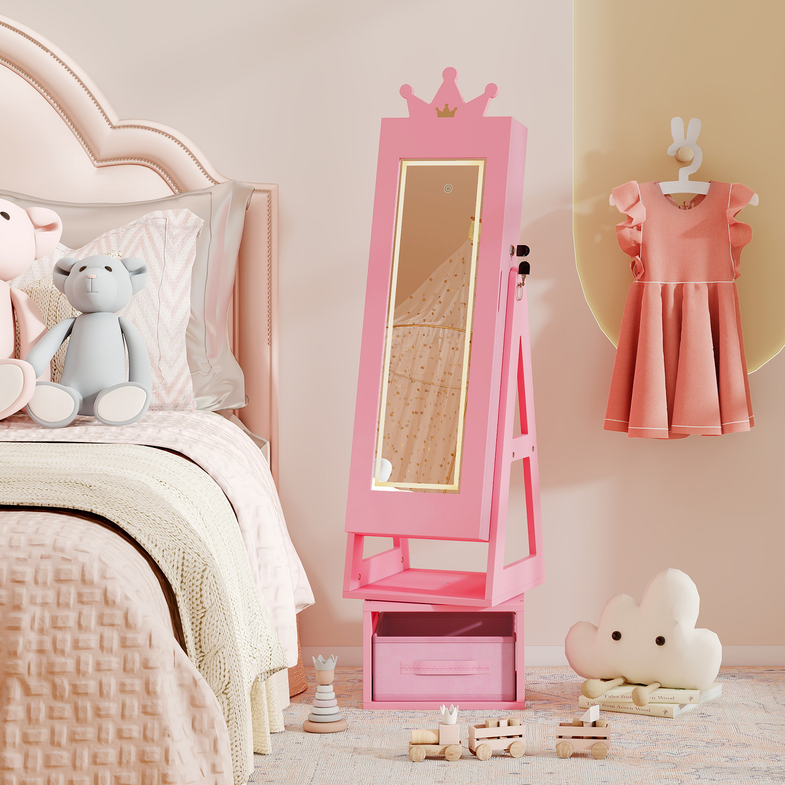 Swivel Kids Jewelry Cabinet with Lights and Full-Length Mirror 