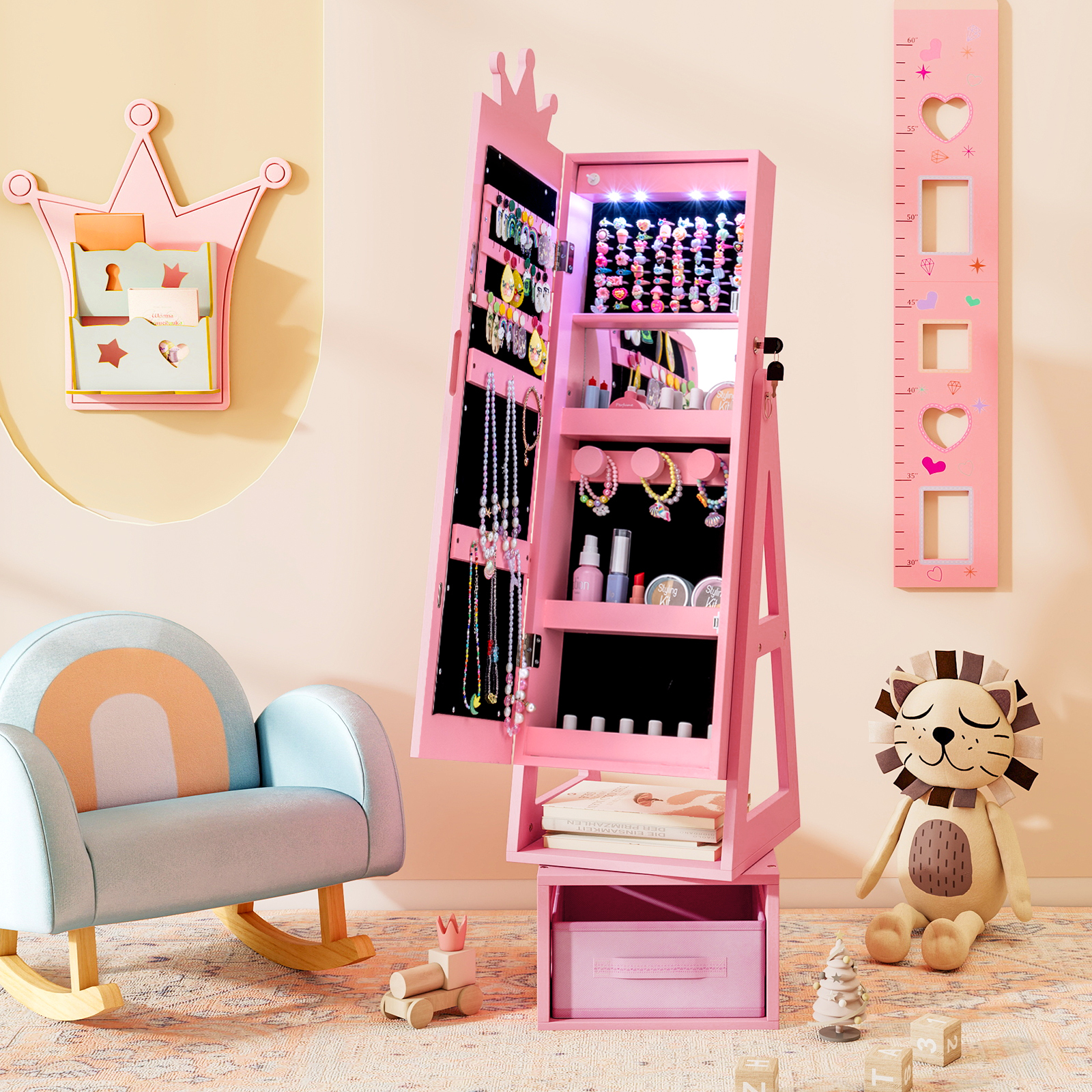 Swivel Kids Jewelry Cabinet with Lights and Full-Length Mirror 