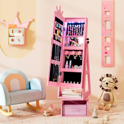 Swivel Kids Jewelry Cabinet with Lights and Full-Length Mirror 