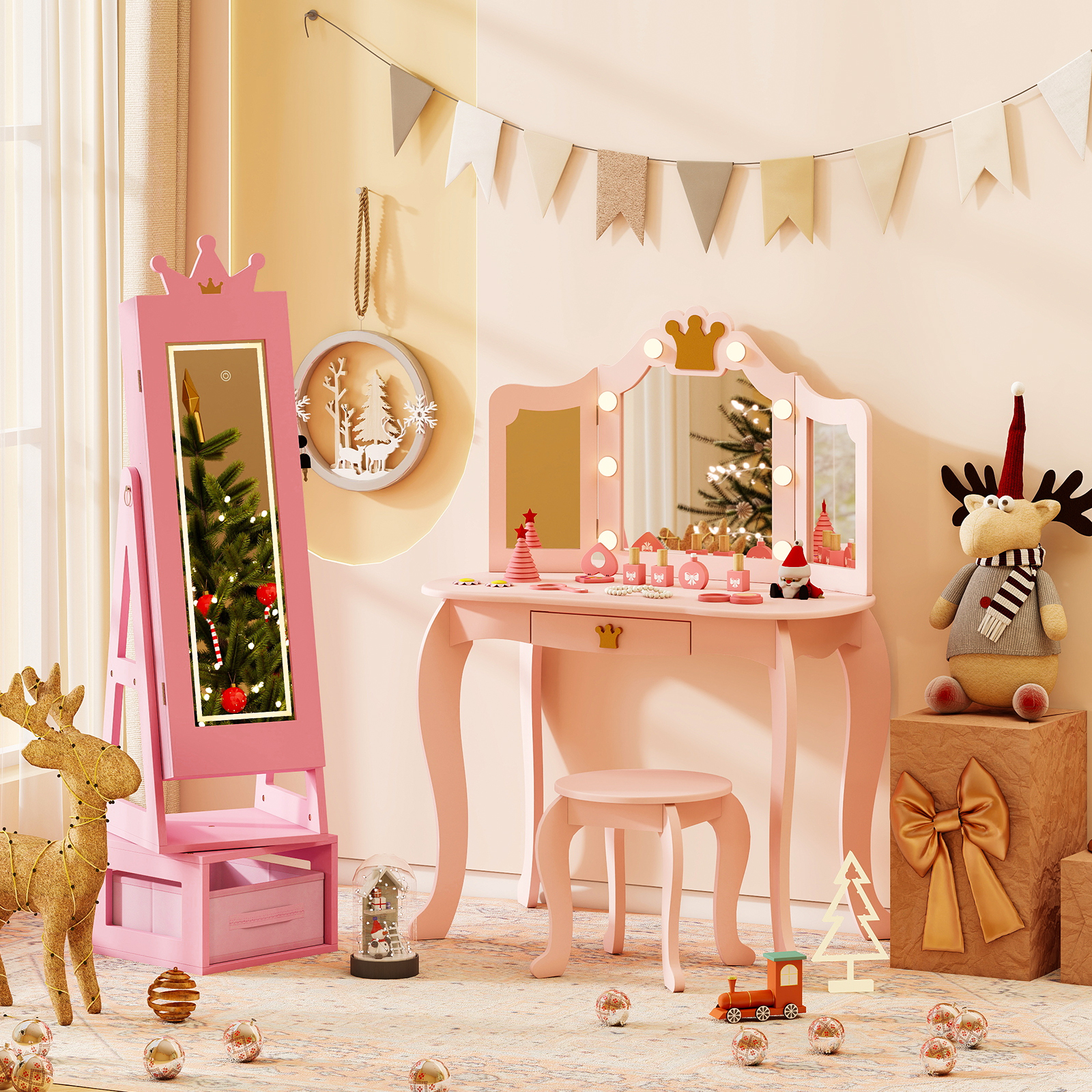 Swivel Kids Jewelry Cabinet with Lights and Full-Length Mirror 