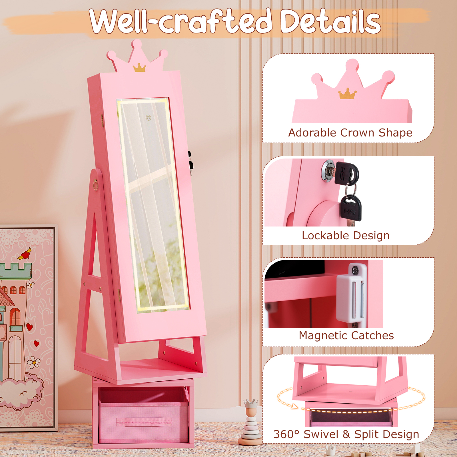 Swivel Kids Jewelry Cabinet with Lights and Full-Length Mirror 