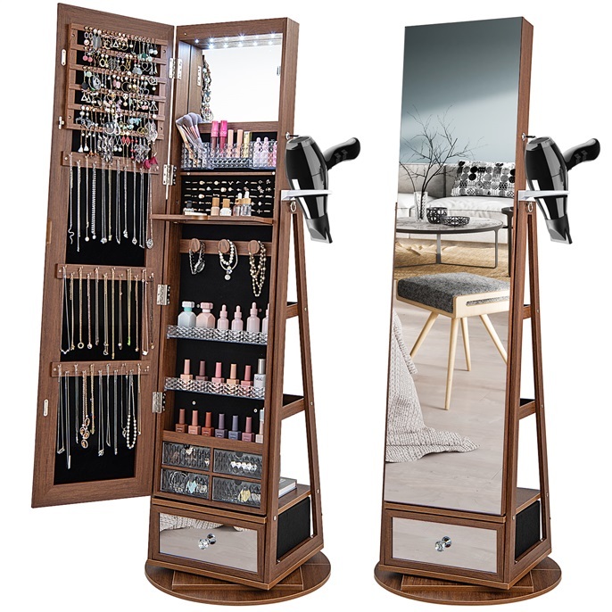 Ellegnt 360° Swivel Jewellery Cabinet w/Full-Length Mirror, Lockable Jewellery Armoire w/Hair Dryer Rack & Rear Shelves