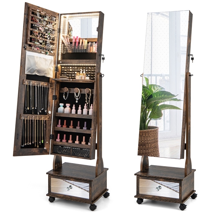 Ellegnt 159 CM Standing Jewellery Armoire, Lockable Movable Jewellery Organizer w/Full-Length Mirror, Vanity Mirror, 3-Color LED Lights, Shelves & Drawers/ Jewelry Armoire