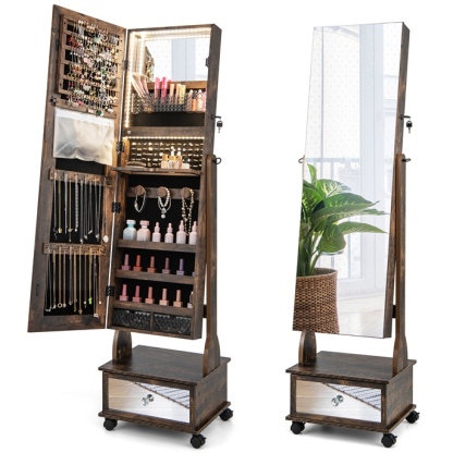 Ellegnt 159 CM Standing Jewellery Armoire, Lockable Movable Jewellery Organizer w/Full-Length Mirror, Vanity Mirror, 3-Color LED Lights, Shelves & Drawers/ Jewelry Armoire
