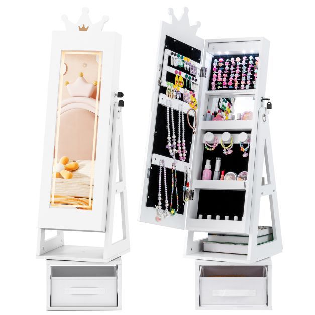 Swivel Kids Jewelry Cabinet with Lights and Full-Length Mirror 