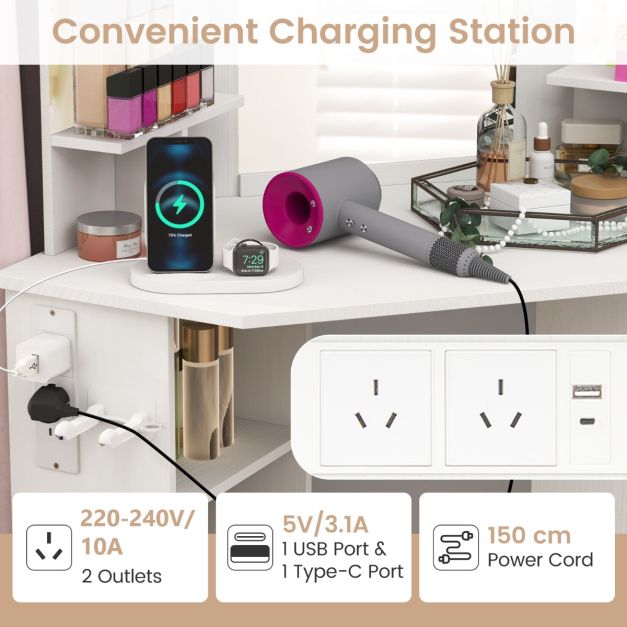 Corner Makeup Vanity Desk with Lighted Mirror and Power Outlets 