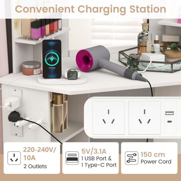 Corner Makeup Vanity Desk with Lighted Mirror and Power Outlets 