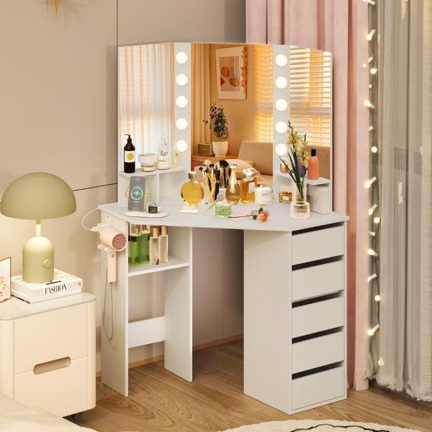 Corner Makeup Vanity Desk with Lighted Mirror and Power Outlets 