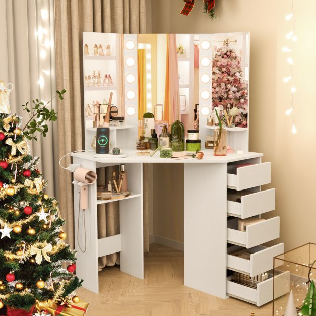 Corner Makeup Vanity Desk with Lighted Mirror and Power Outlets 